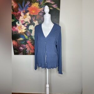J Jill Vintage Blue Linen Rayon Nylon Knit Cardigan scallop Ruffle Hem Size L